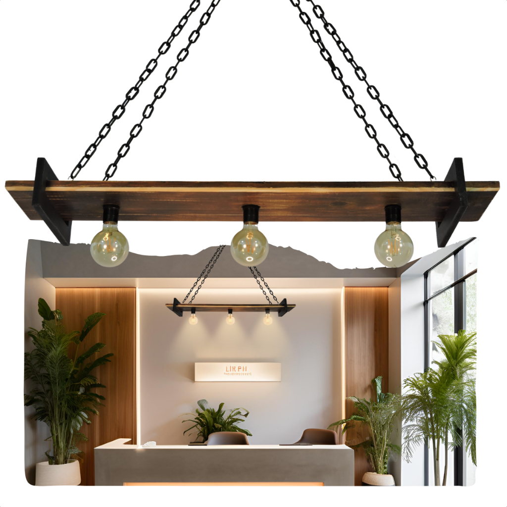 Lustre Moderno Estilo Industrial Minimalista Madeira Com Corrente 3 Bocais Iluminação Decorativa
