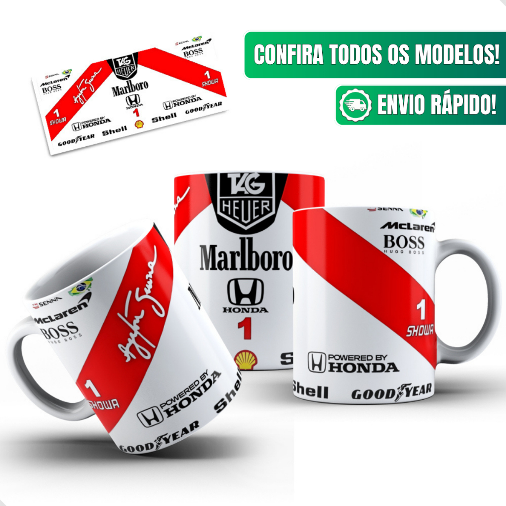 Caneca Ayrton Senna Personalizada Cerâmica 325ml Macacão Marlboro Fórmula 1 F1 Clássica