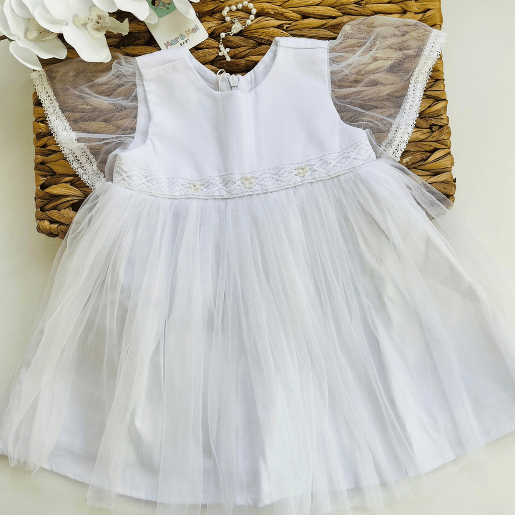 Vestido Infantil Bebê Batizado com detalhes em Tule | Vestido Batizado | Vestido Infantil Branco