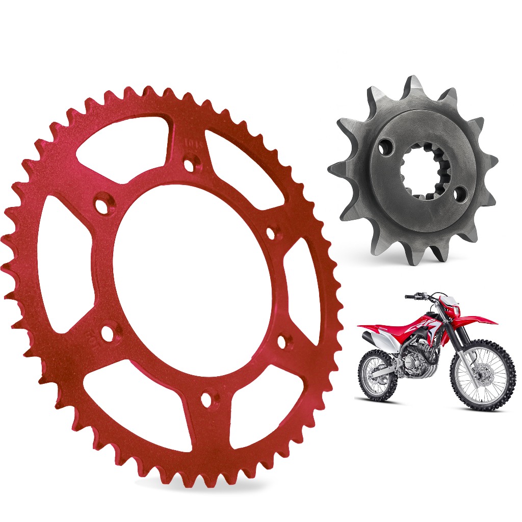 Kit Coroa e Pinhão CRF250 F Nacional  Coroa 50 Dentes e Pinhão 13 Dentes Aço 1045 Coroa Na cor Vermelha