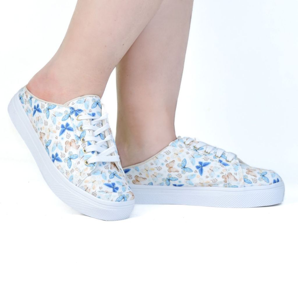 Tênis Feminino Mule Aberto Casual Moderno Macio Leve Borboletas Azuis Conforto