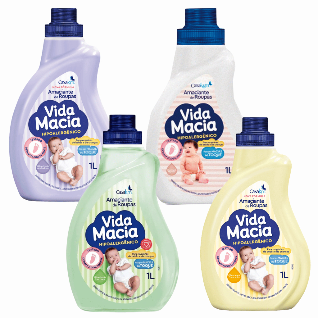 KIT Fragrâncias 4 UN Vida Macia Amaciante 1 Litro Glicerina Erva Doce Algodão Camomila Amêndoas Bebê