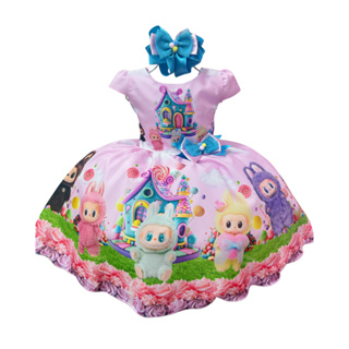 Vestido de Festa Infantil Labubu Casinha Encantada 🐰🍭 de 4 a 12 anos + Laço de Cabelo em Oferta na Shopee
