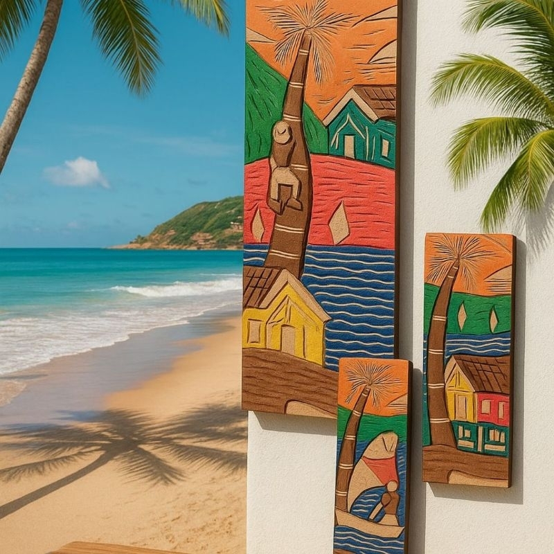 QUADRO TROPICAL PRAIANO CAIÇARA DECORAÇÃO PRAIANA ESTILO TROPICAL E RUSTICO QUADRO ENTALHADO.