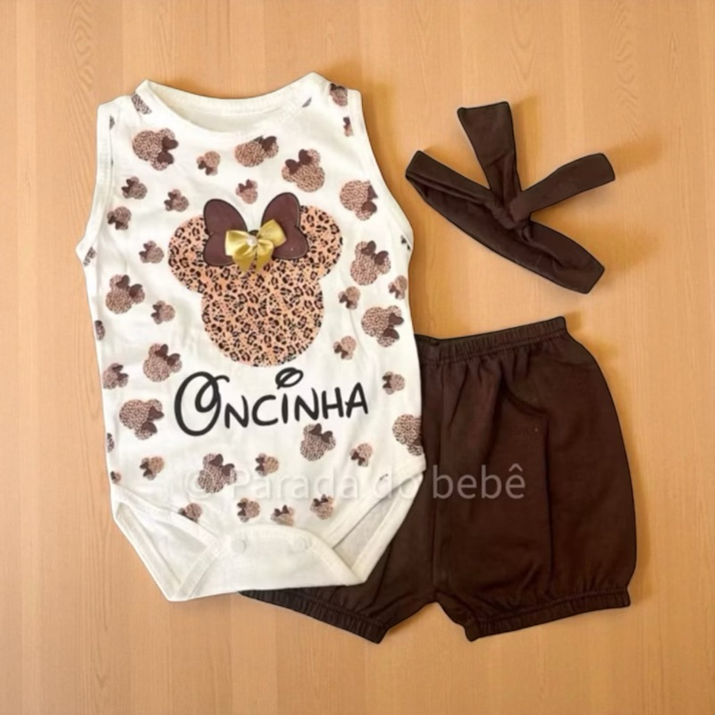 Conjunto para bebê Minnie oncinha Faixa de bebê Kit 3 peças com faixa de cabelo em Oferta na Shopee