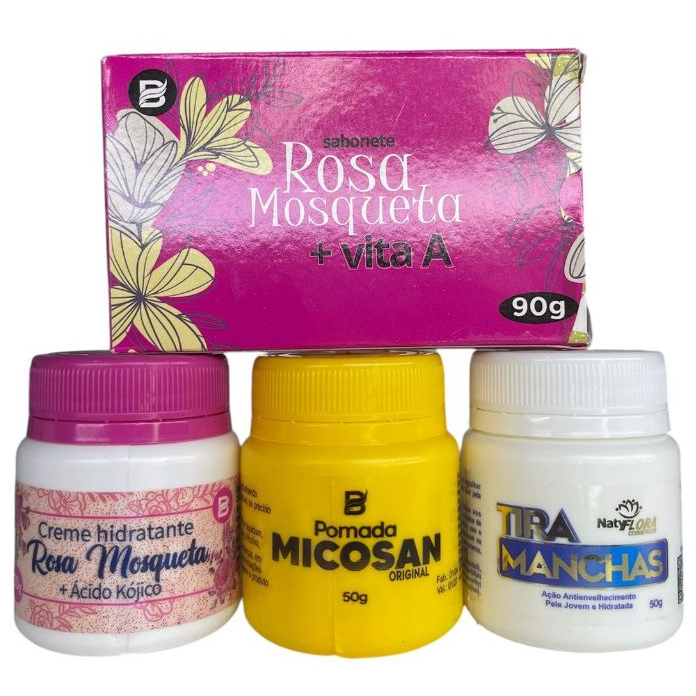 Kit com Cremes Clareadores Micosan, Rosa Mosqueta e Tira Manchas 4 Un. Baruc Cosméticos e NatyFlora