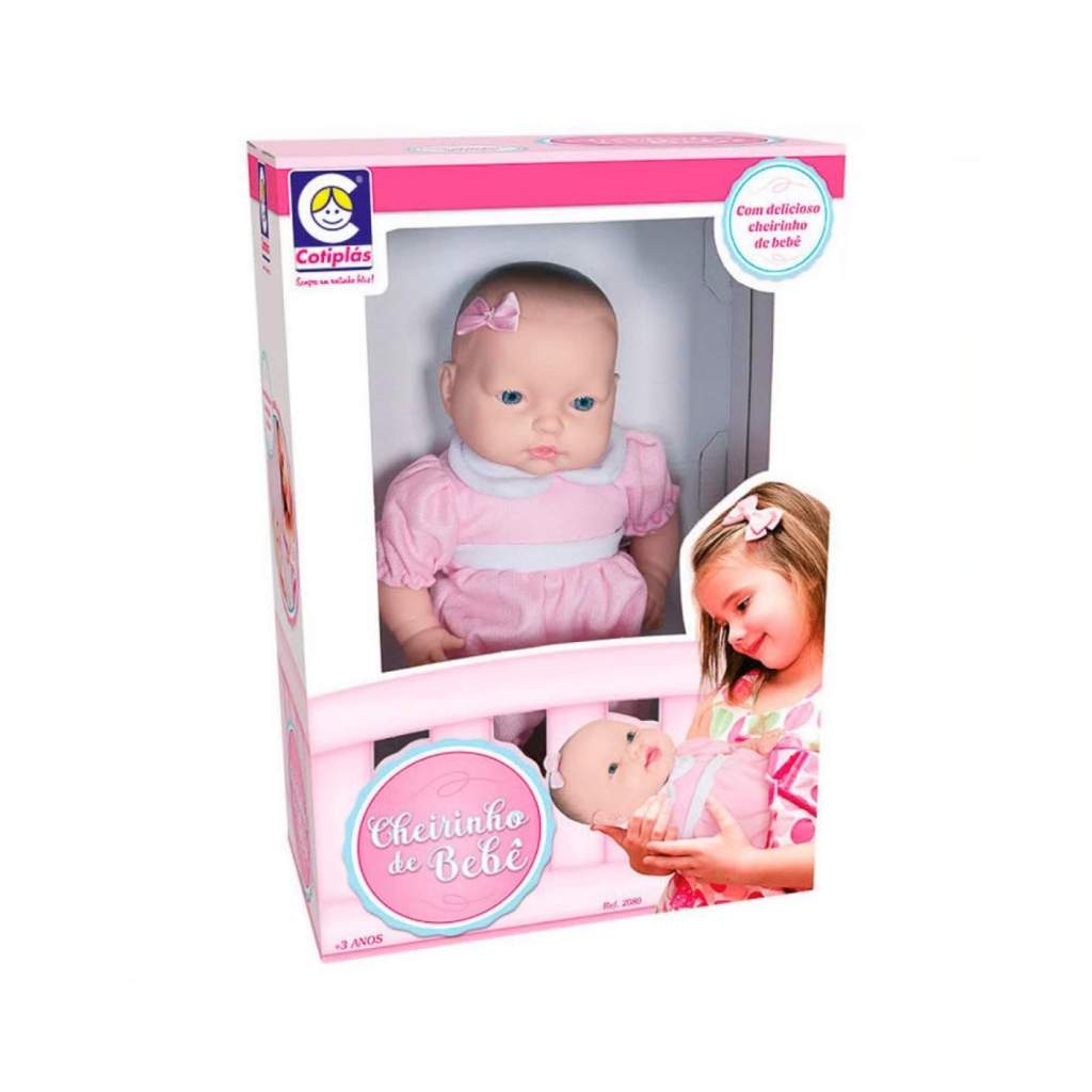Boneca Cheirinho de Bebe em Vinil 36cm com Vestidinho Rosa Cotiplas - 2080 - Mom & Baby