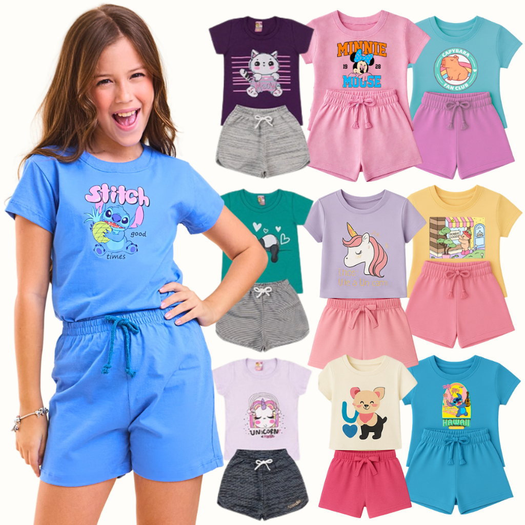 Kit Sortido 6 Peças Roupa Infantil Menina Camiseta Short Conjunto Infantil menina Verão Feminino em Oferta na Shopee
