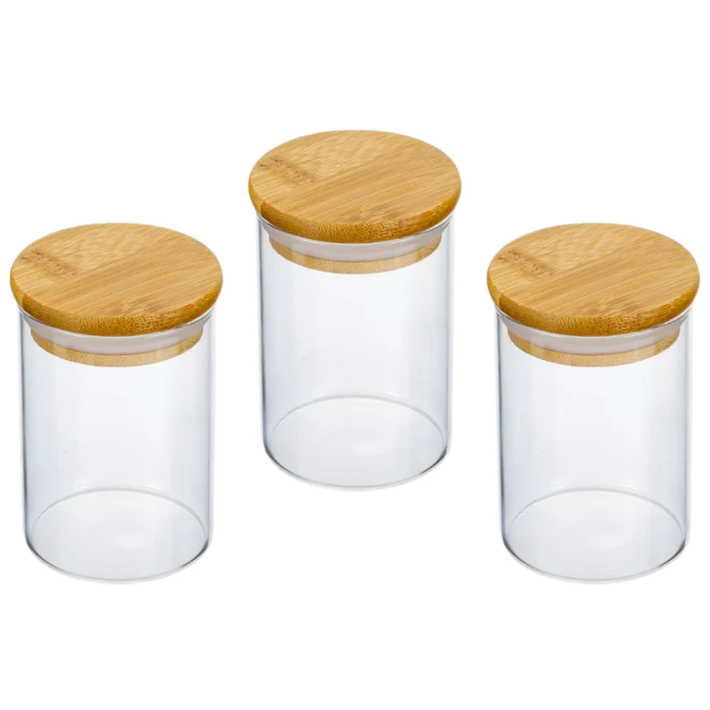 Kit 3 Potes Porta Mantimento Redondo em Vidro Borosilicato com Tampa de Bambu 160ml - Home & Living