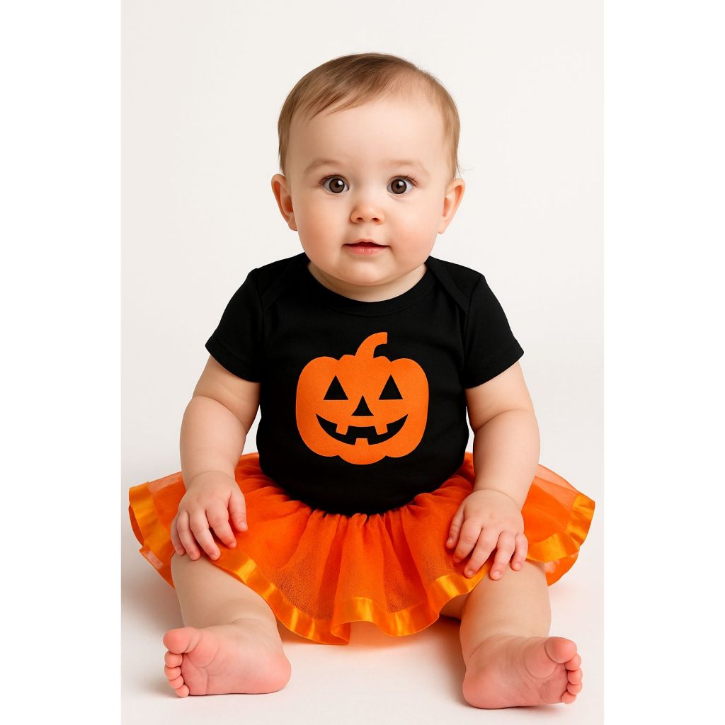 Roupa De Bebê Mesversário Conjunto Temático De Halloween Dia Das Bruxas Menina Body Abóbora e Saia Tutu