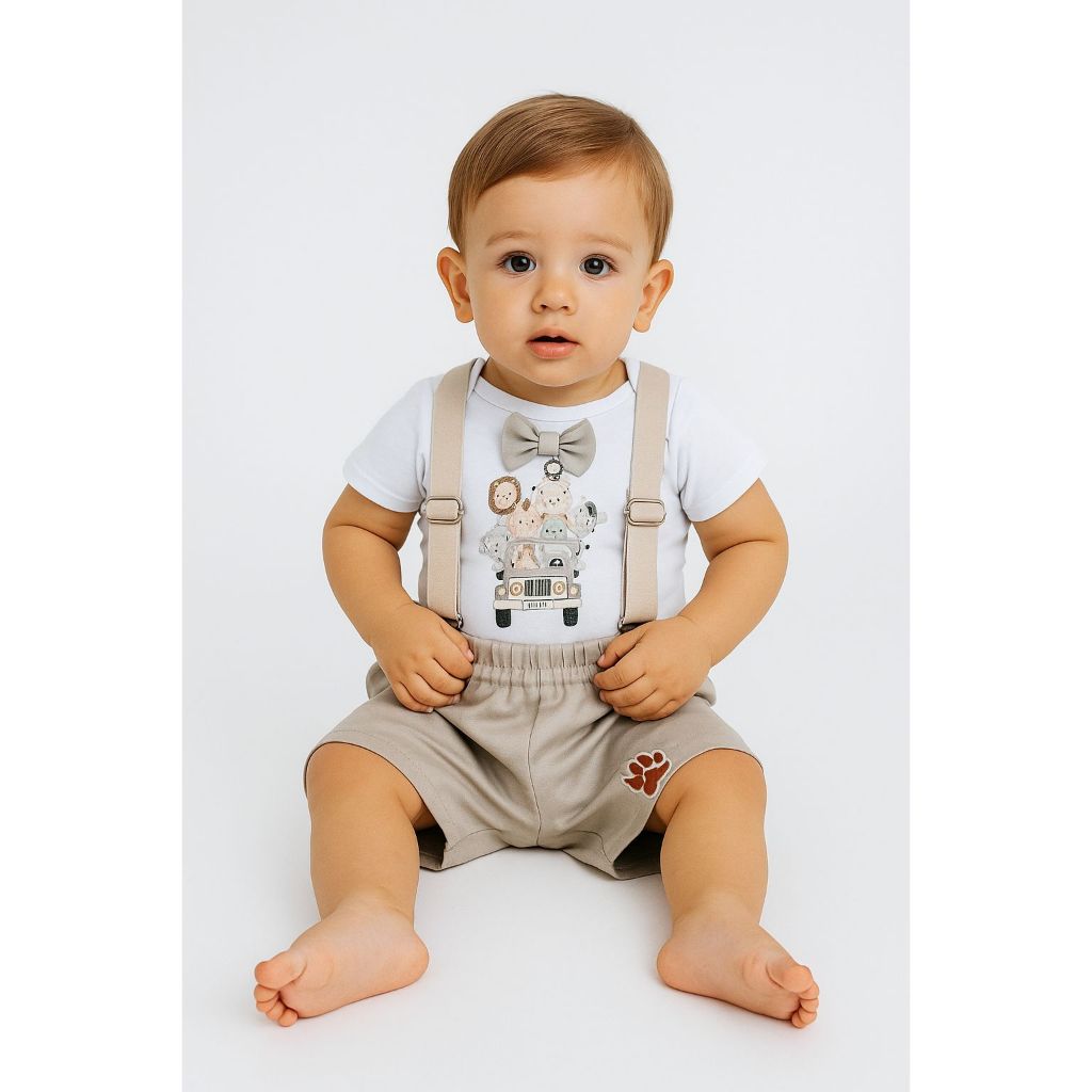 Roupa De Bebê Conjunto Infantil Menino Tema Safari Festa Mesversário C/ Suspensório 1 á 3 Anos