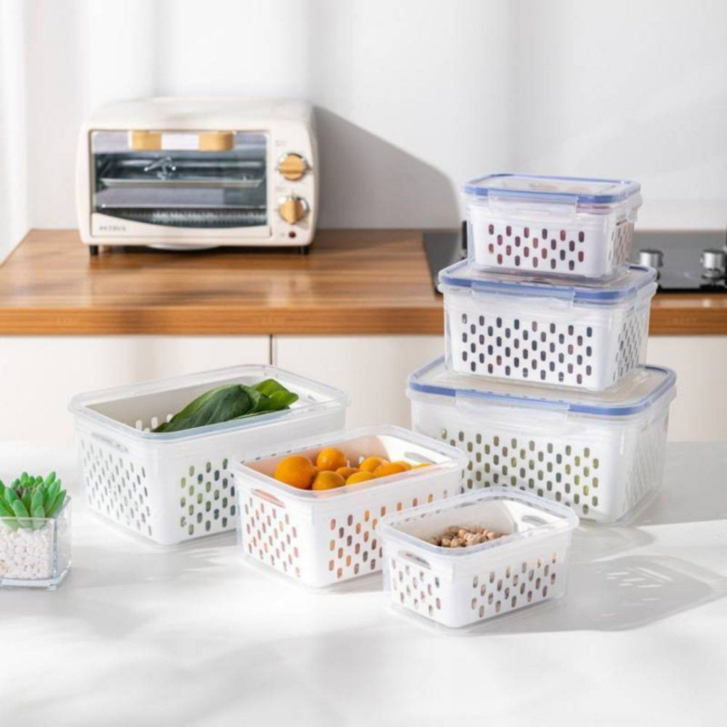 Organizador com 3 potes Herméticos Geladeira para frutas, alimentos inclui Cesto removível e tampa