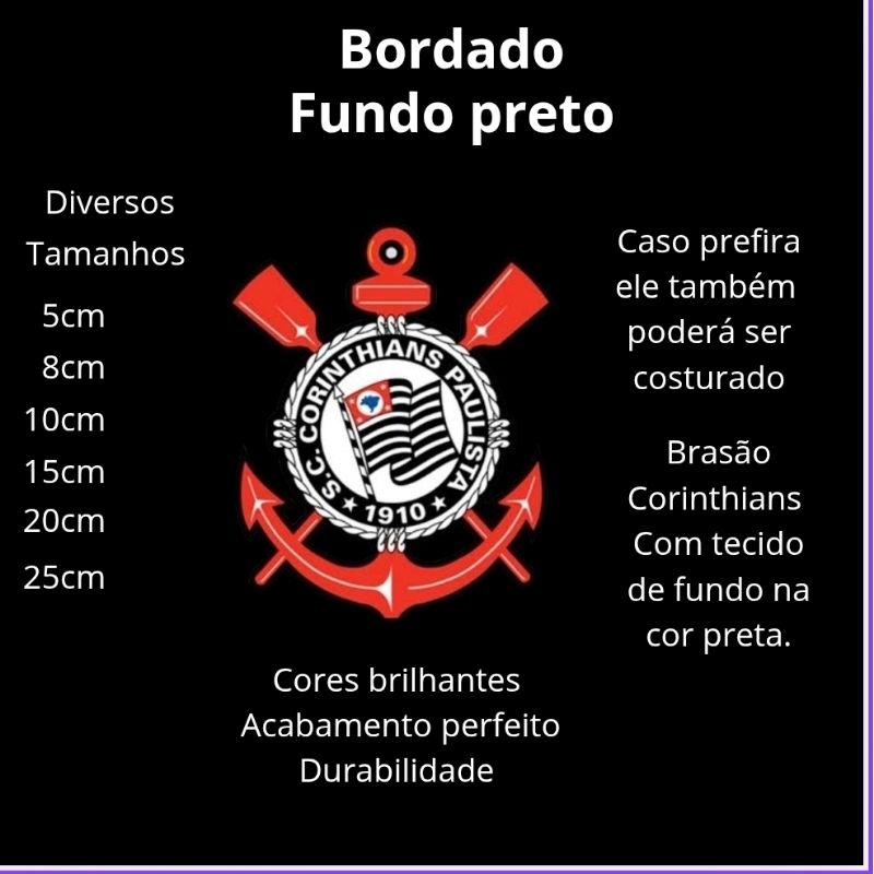 Bordado Corinthias Patch FUNDO PRETO Varias Cores 10CM
