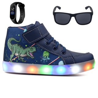 Kit Tenis Botinha Masculino Infantil De Led Cano Alto Dinossauro + Óculos e Relógio Confortável em Oferta na Shopee