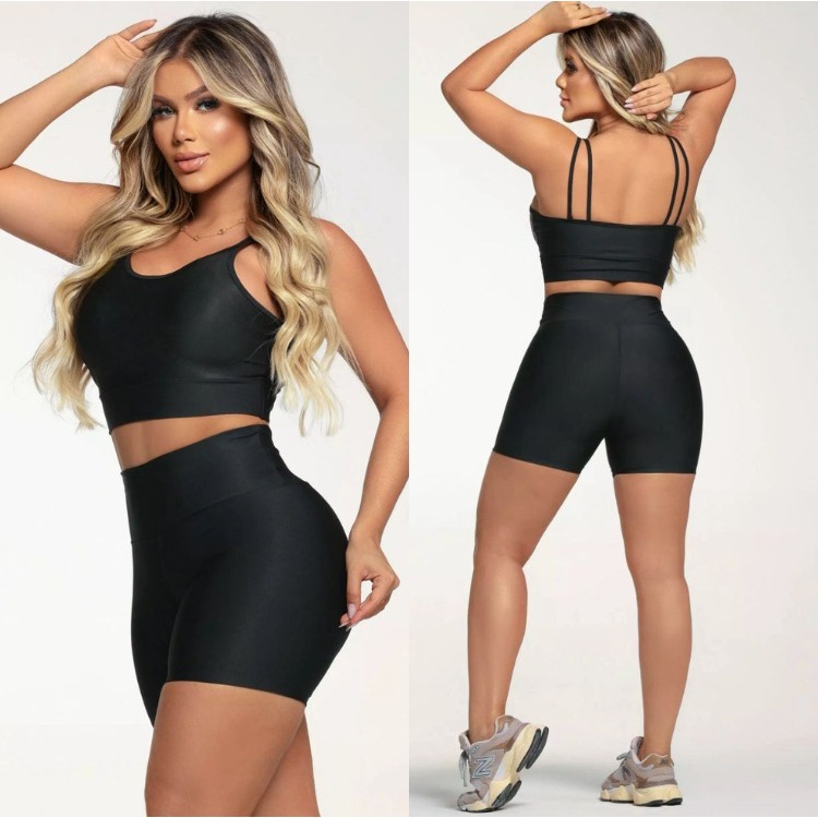 Conjunto Academia Short Bolso Top Duplo Regata Poliamida Corrida Crossfit Roupa de Academia Feminina