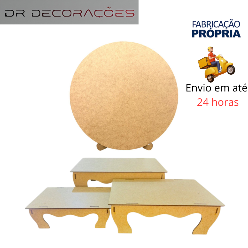 Kit Mini Painel Redondo 30x30cm + Trio Bandeja Banquinho Para Decoração Festa em MDF Decor