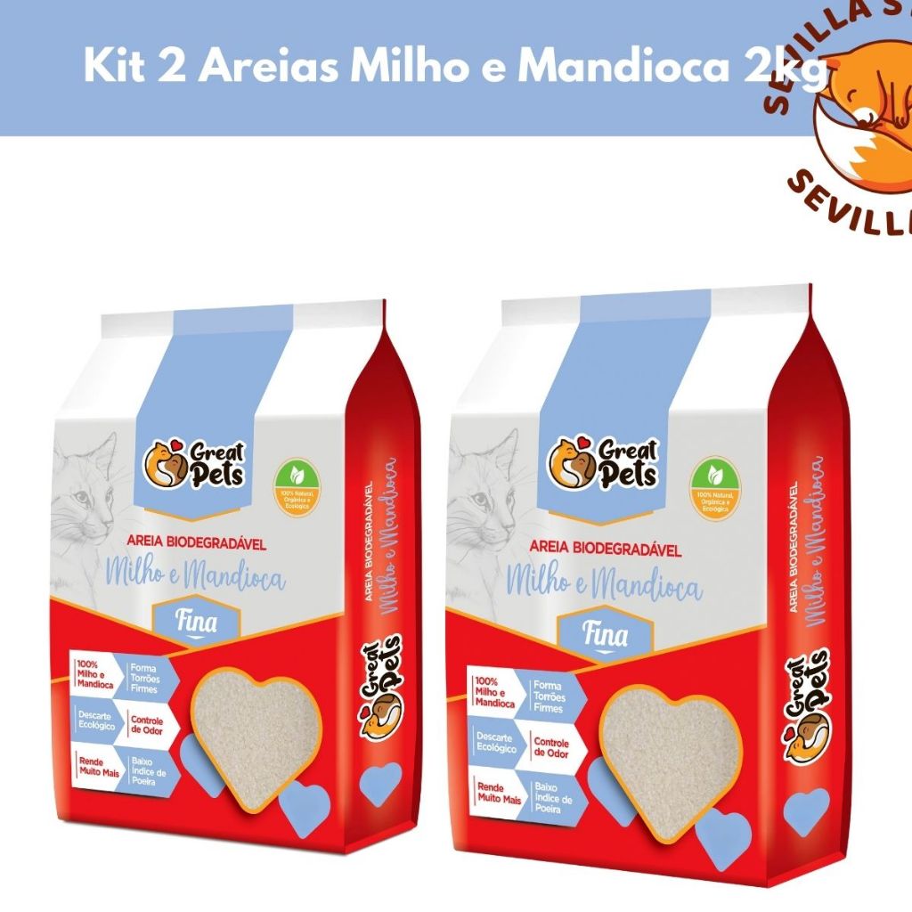 Kit 2 Areia Higiênica Biodegradável Para Gatos Great Pets Fina 2kg