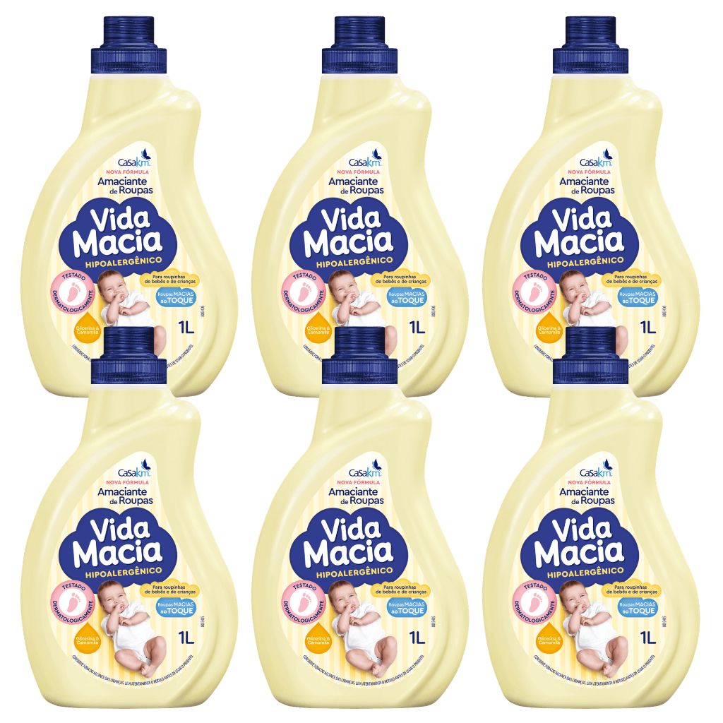 KIT 06 UN. Amaciante Vida Macia Hipoalergênico Glicerina & Camomila 1 Litro Roupinha Bebê Criancas