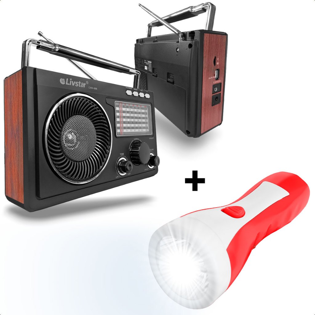 Rádio Multibanda Retrô com Bluetooth e Lanterna LED Recarregável