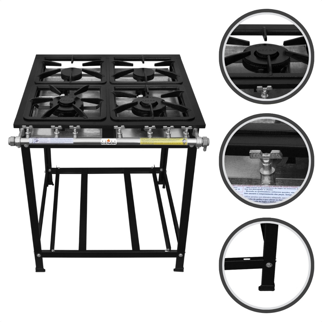 Fogão Industrial 4 Bocas Baixa Pressão Profissional Gás Glp Queimador Duplo 30x30 Restaurante Kenok