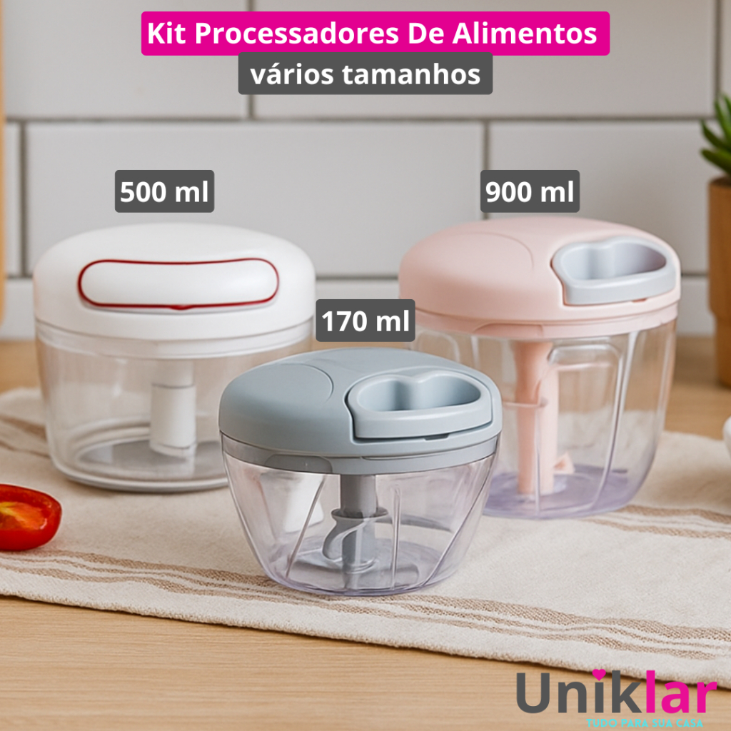 Processador Triturador De Alimentos Manual 150ml + Triturador Manual 500ml + Triturador Manual 900ml