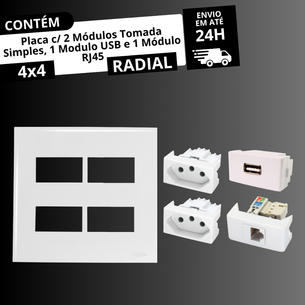 Espelho (Placa) 4x4 c/ 2 Módulos Tomada Simples + 1 Módulo USB + 1 Módulo RJ45 L. Ouro Branca RADIAL