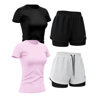 Kit 4 Peças Dry Fit 2 Camisetas Baby Look e 2 Bermudas Shorts em Oferta na Shopee