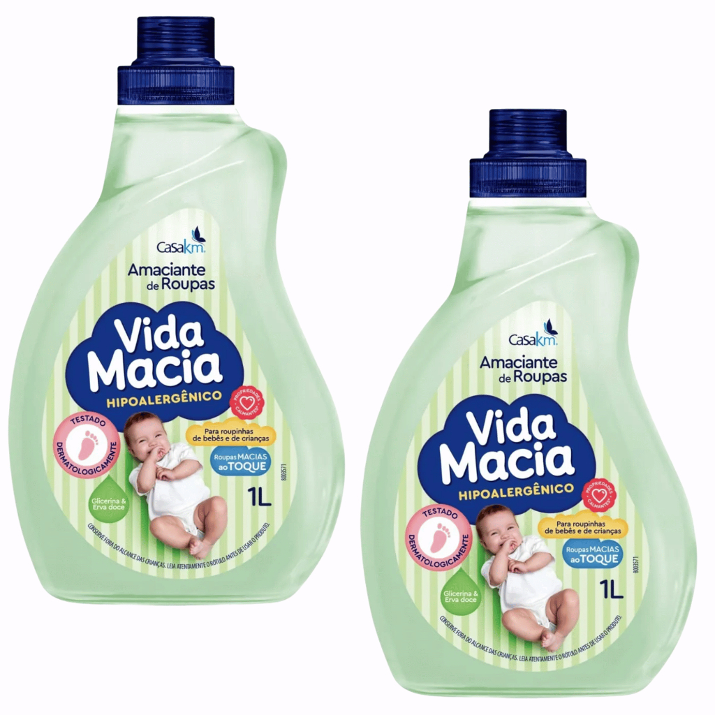 KIT 02 UN. Amaciante Vida Macia Hipoalergênico Glicerina & Erva Doce 1 Litro Roupinha Bebê Criancas