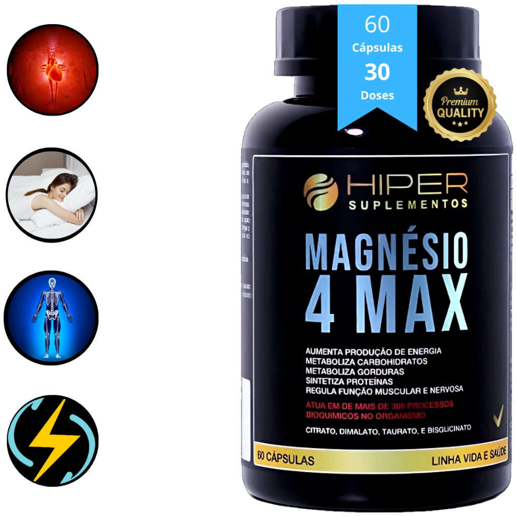 Complexo de Magnésio Malato 4 Max Bisglicinato Citrato Dimalato E Taurato 800mg - Hiper Suplementos