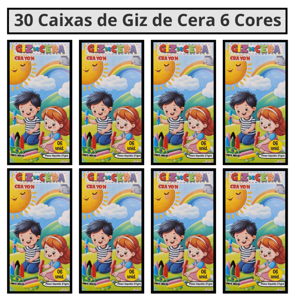 30 Cx Giz de Cera 6 cores P/ Kit Festa Infantil Lembrancinha