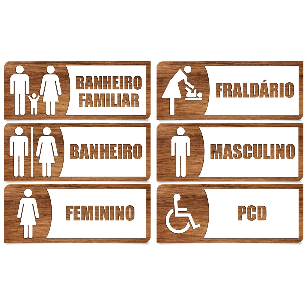 Kit 6 Placas de Banheiro Sinalização Efeito em Madeira MDF – PCD, Fraldário, Familiar e Mais