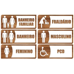Kit 6 Placas de Banheiro Sinalização Efeito em Madeira MDF – PCD, Fraldário, Familiar e Mais