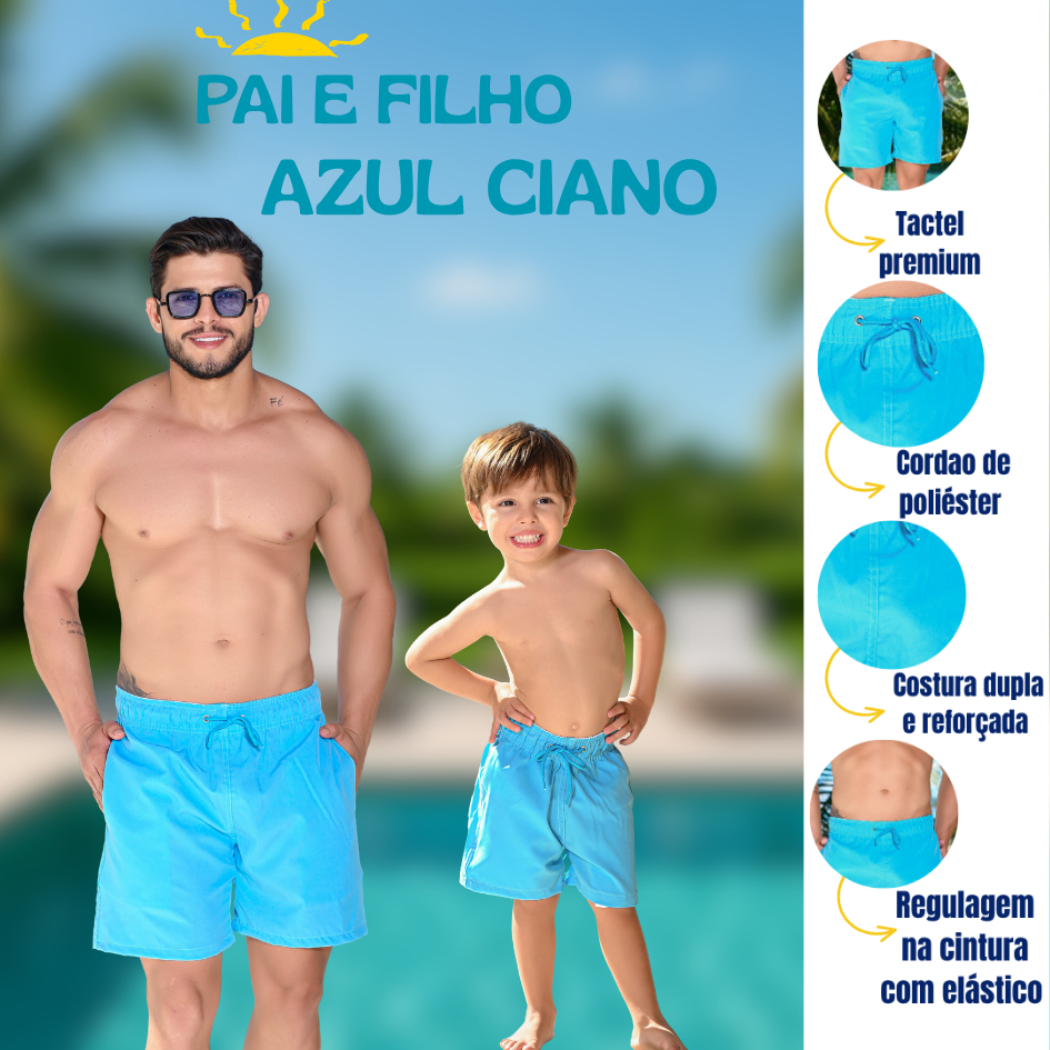 Short Mágico Pai e Filho Azul Ciano Kit Verão Praia Secagem Rápida com Elástico e Bolso em Oferta na Shopee
