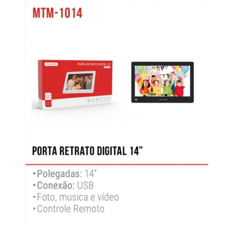 Porta Retrato Digital Tomate 14” Preto com Tela IPS, Controle Remoto, Vídeos, Fotos, Música e Relógio