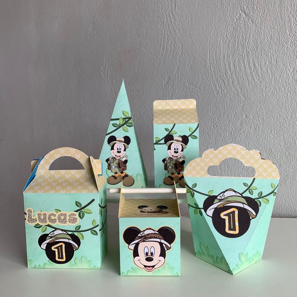 Kit Caixinhas Personalizada pegue e monte tema Mickey Safari - Kit 10-15-20 Todos os Temas
