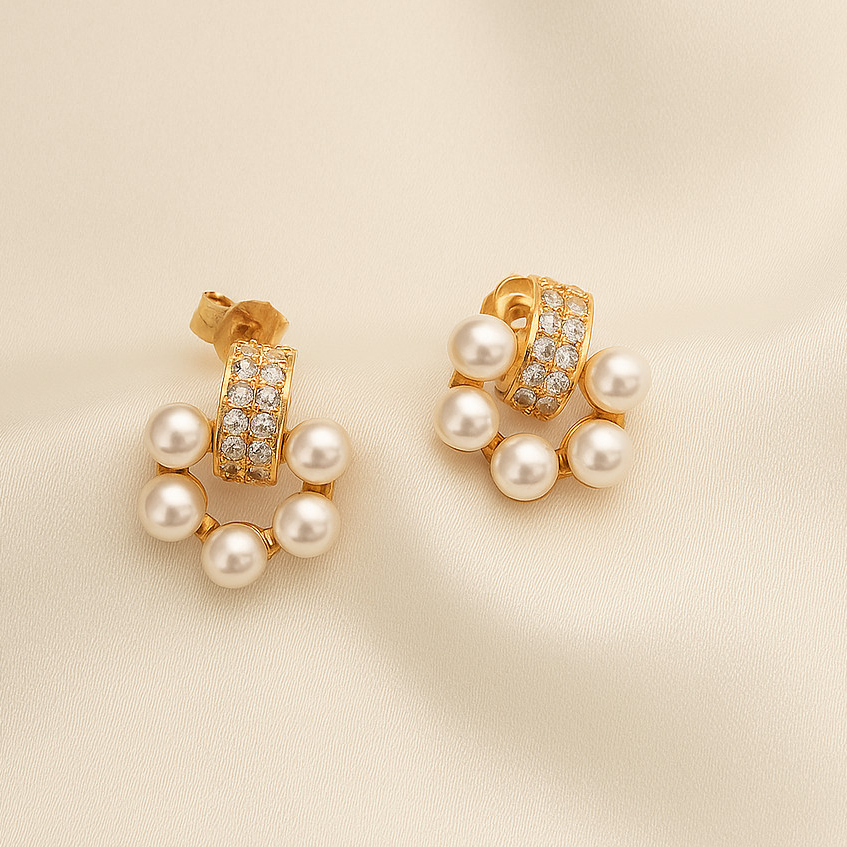 Brinco Luxo com Pérolas e Zircônias, Semijoia Banhada a Ouro 18k, Elegância para Festa