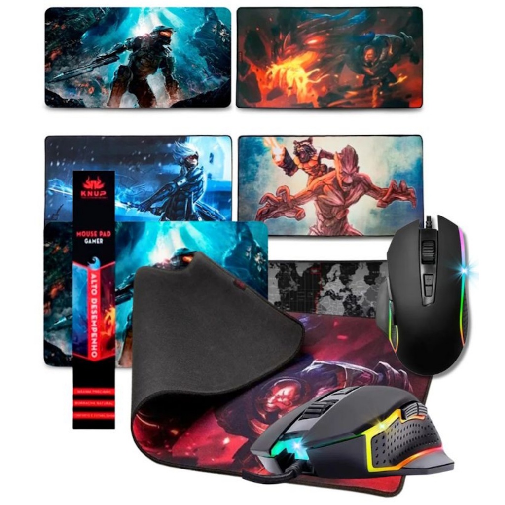 Kit Mouse Gamer 6 Botões Led RGB e Tapete Mouse Pad Grande 80x40 Emborrachado Antiderrapante Gamer