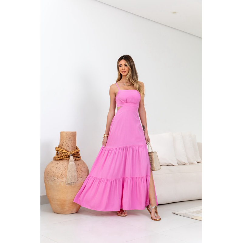 Vestido Longo Verão Casual e Elegante Feminino Com Alça Regulável Com Fenda - Com Bojo e Forro em Oferta na Shopee