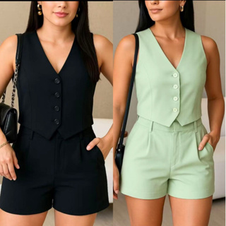 CONJUNTO  FEMININO SOCIAL EN ALFAIATARIA PERFEITO PARA TRABALHO OU  PASSEIO COLETE E SHORTS em Oferta na Shopee