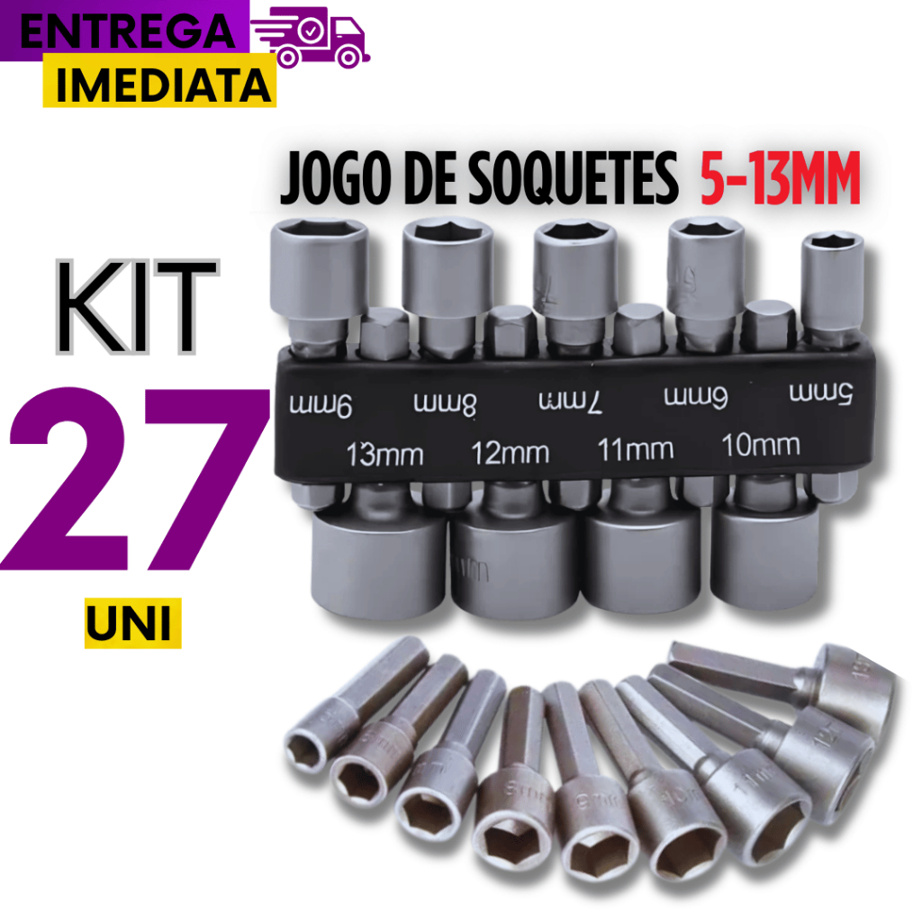 Conjunto 27 Peças Soquetes Canhão Sextavado Parafusadeira Variáveis Utilidades Resistência Durabilidade