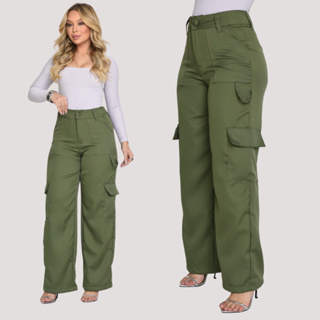 Calça Cargo Feminina Alfaiataria Bolsos  Larguinha Wide Leg Elastano Tendência Promoção em Oferta na Shopee