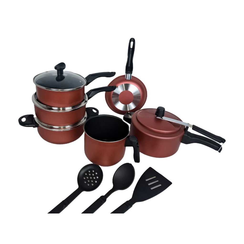 Conjunto De Panelas Luz Nobre  9 Peças Com Panela De Pressão Canecão Talher Caçarolas Alumínio Cozinha Tampa Vidro