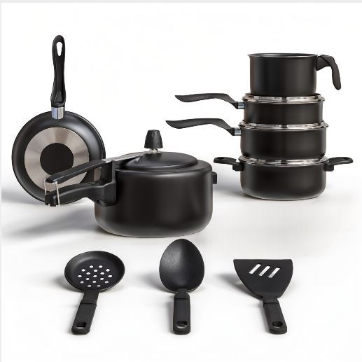 Conjunto Panelas 9 Peças Com Panela De Pressão Canecão Talher Caçarolas Alumínio Cozinha Tampa Vidro-PRETO