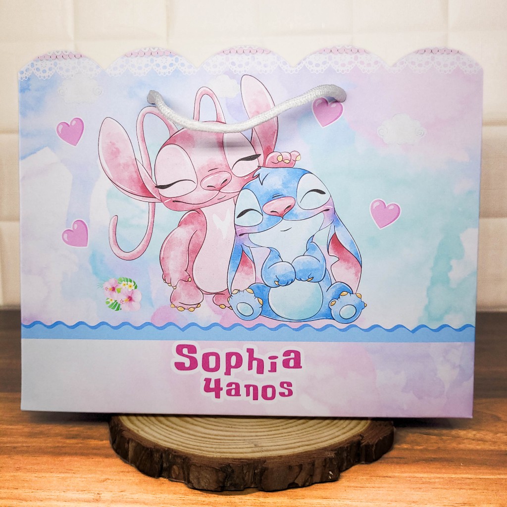 Sacolinha (G) Personalizada Lembrancinha Stitch e Angel Aquarela 2.