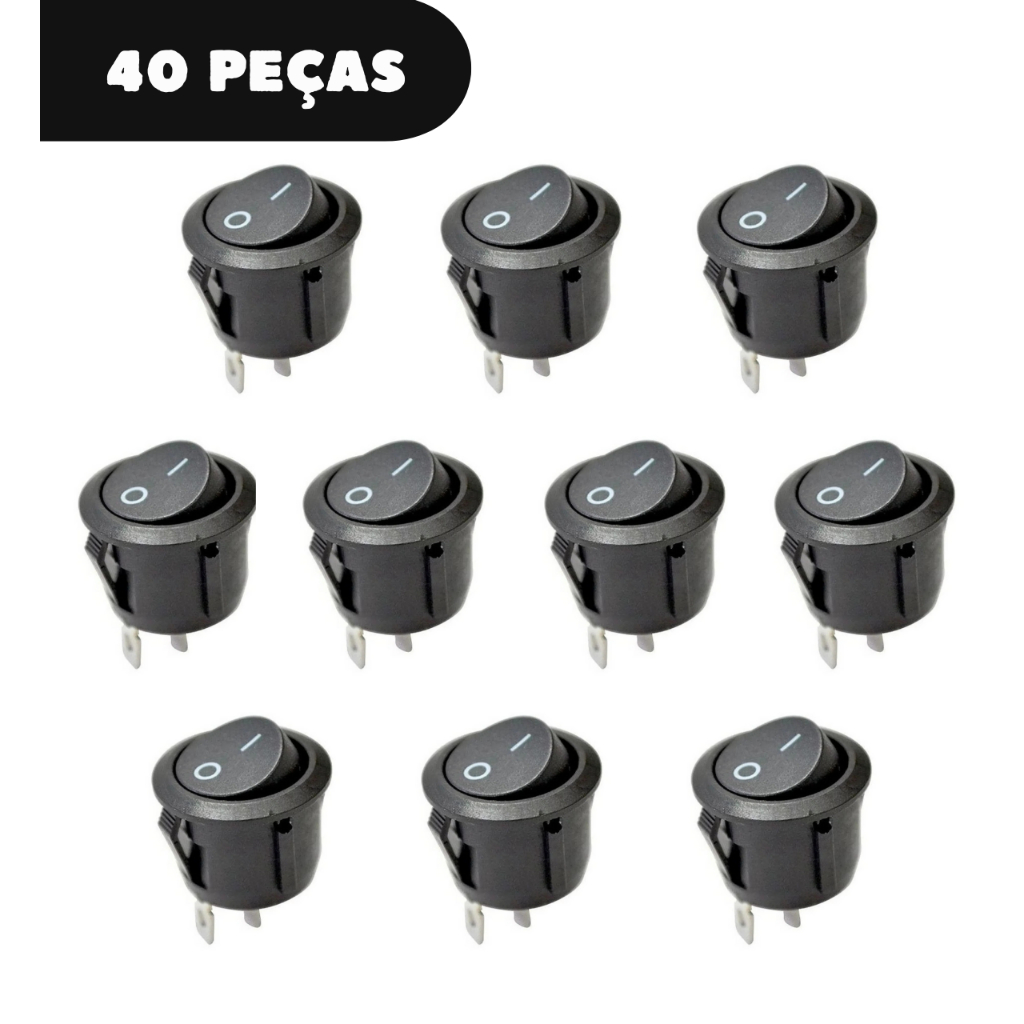 Kit 40 Chaves Gangorra Interruptor Botão On/Off Liga Desliga Preto 2 Terminais KCD1-106-101