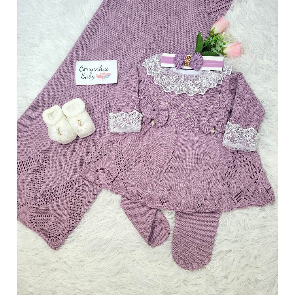 Saída de maternidade lilás pérolas de menina em tricô / tricot com vestido luxo feminina