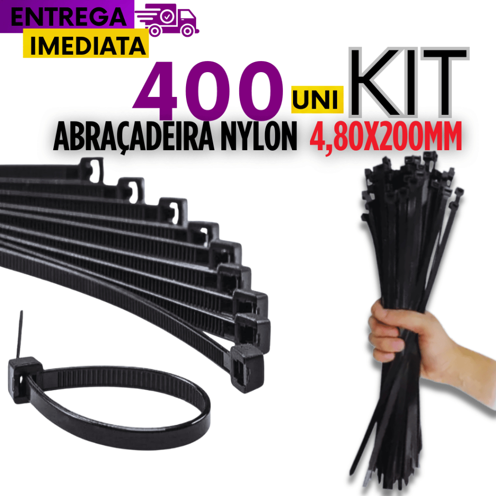 400 Peças Abraçadeira De Nylon 4,80x200mm comprimento total Cinta Plástica Resistente Grande Variáveis Utilidades
