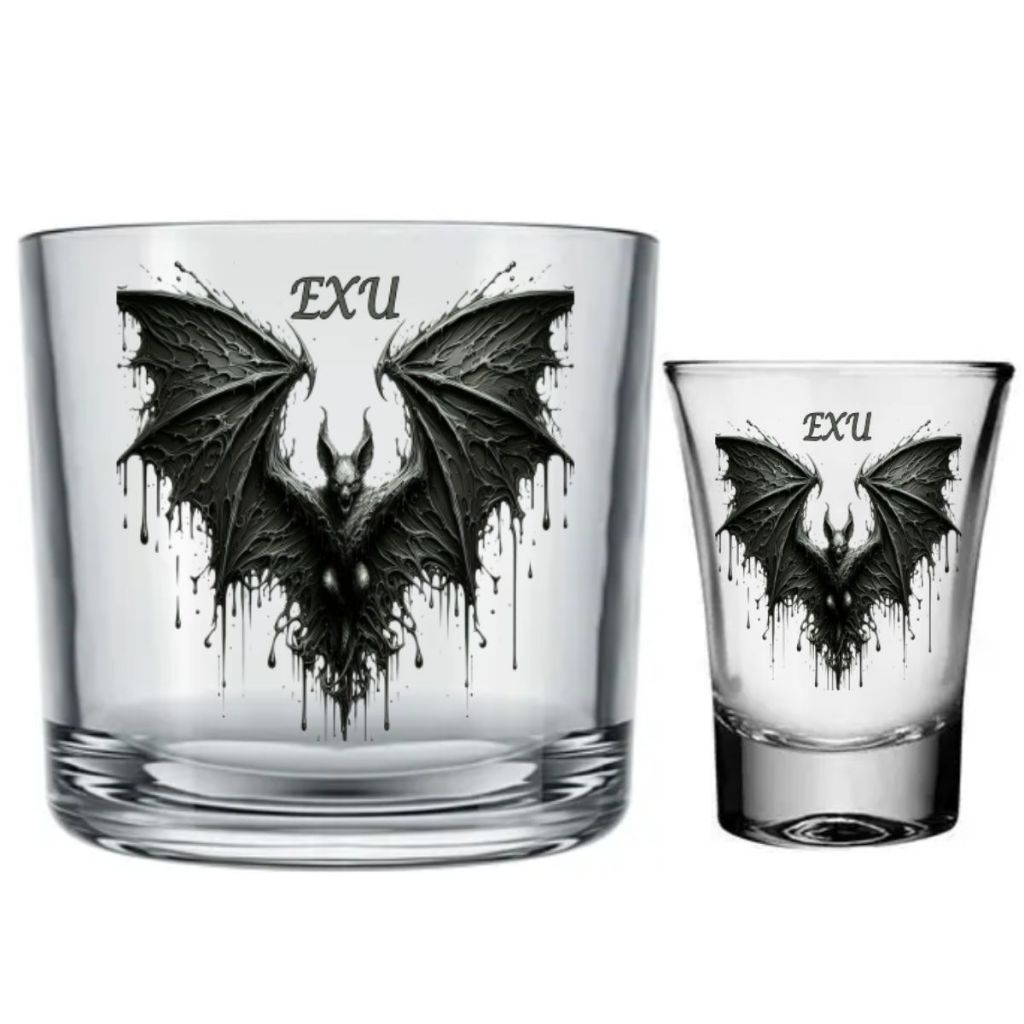 Copo de Whisky Exu Morcego + Copo de Dose de Vidro Adesivado - Umbanda Quimbanda e Candomblé
