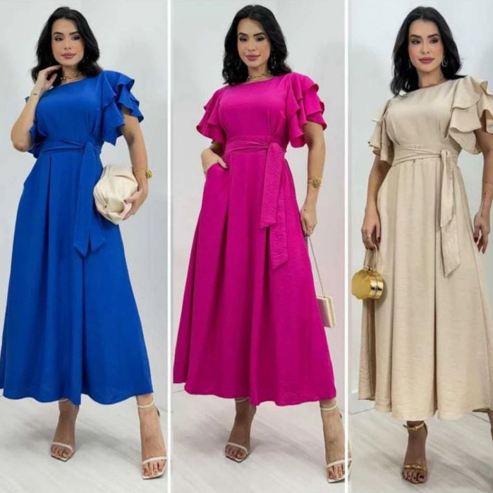 Vestido Feminino Manga Babado Detalhe Lastex na Costa Estilosa e confortável Tecido Duna não Amasa