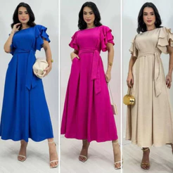 Vestido Feminino Manga Babado Detalhe Lastex na Costa Estilosa e confortável Tecido Duna não Amasa